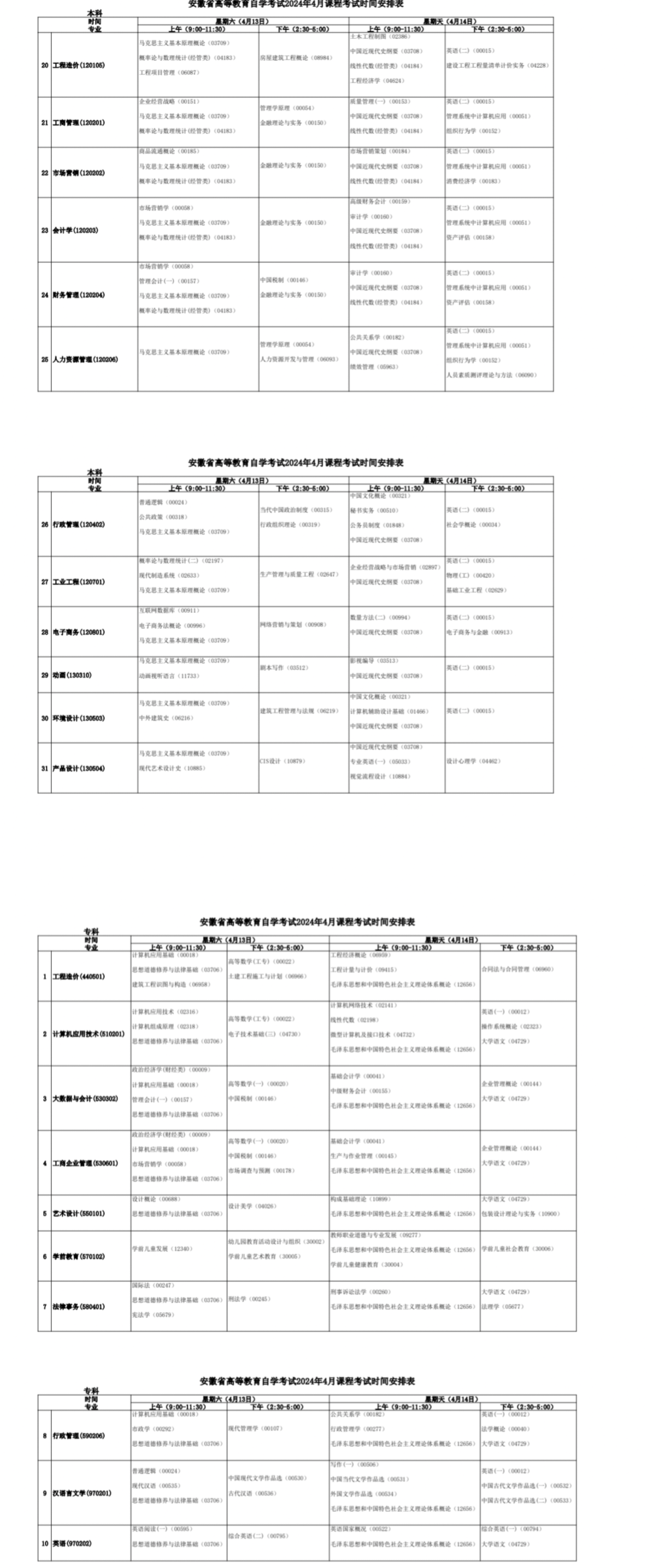 2024年4月安徽省自考考試安排