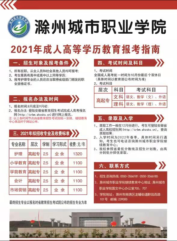 滁州城市職業學院2021年成人教育招生簡章
