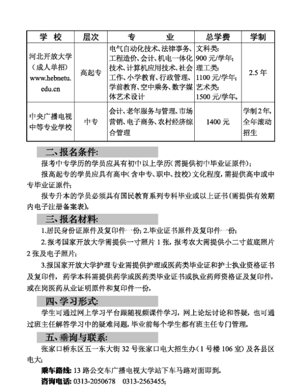張家口開放大學（尚義校區）2021年春季招生簡章