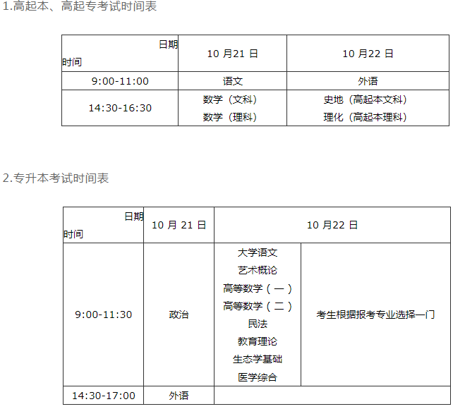 河南成人高考專升本考試時間？