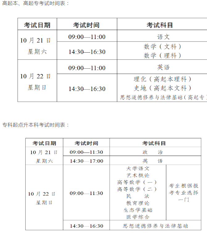 昆明成人高考考試時間？
