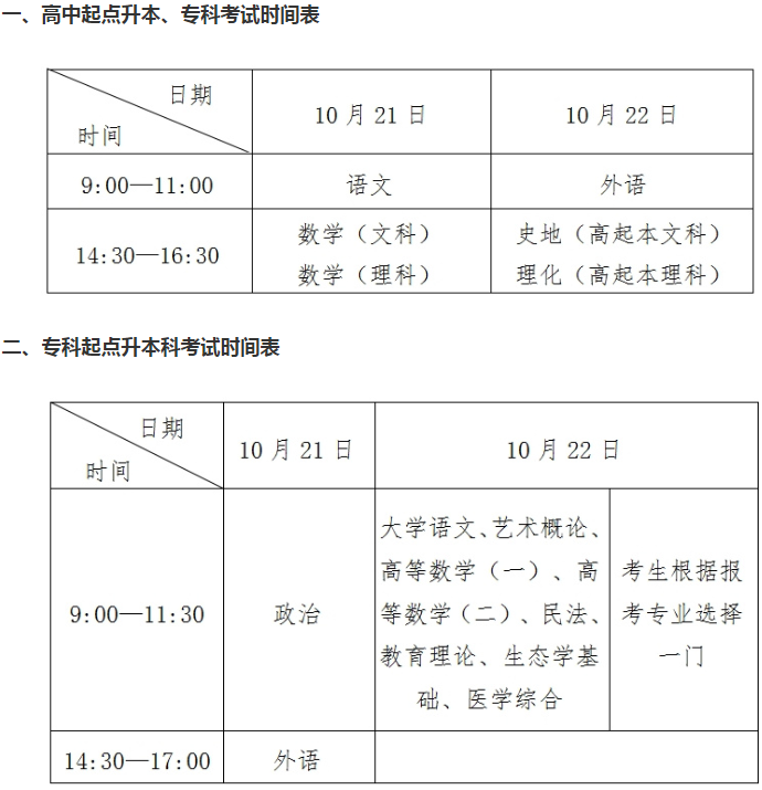 山東成人高考考試時間？