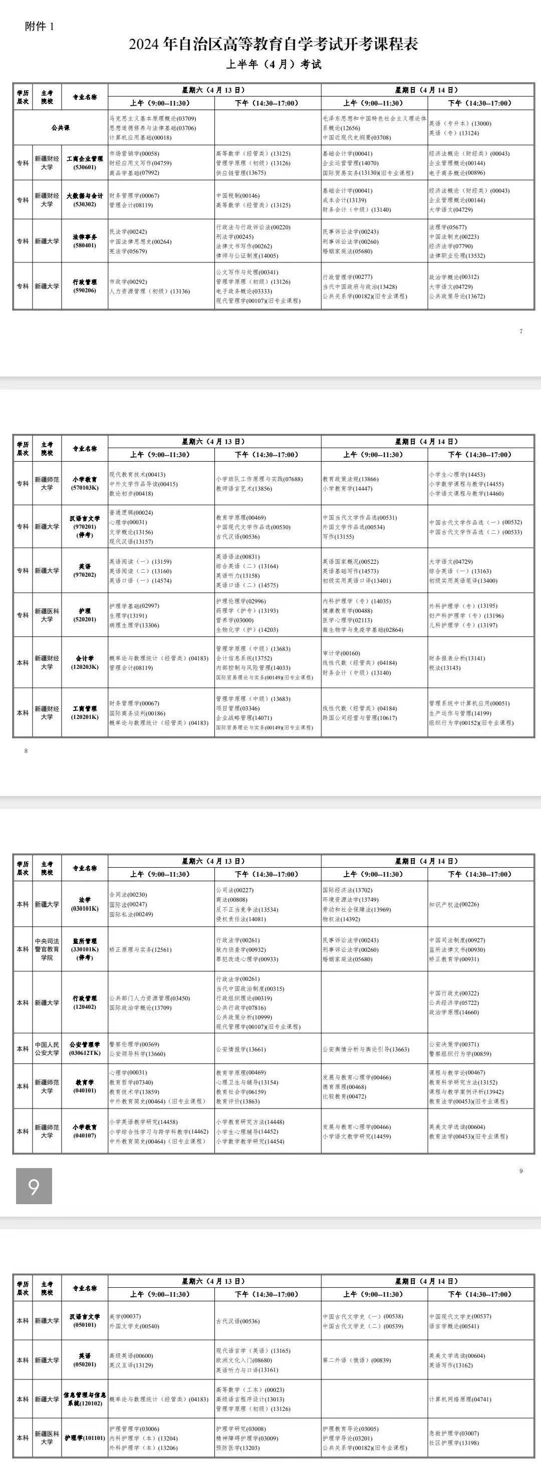 2024年4月新疆自學考試考試安排