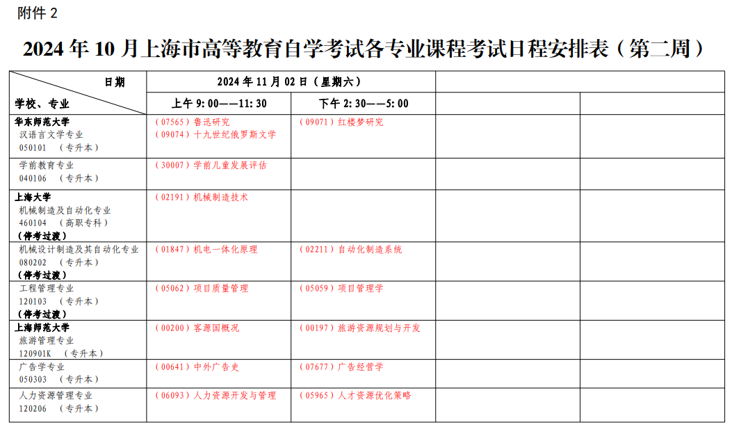 2024年10月上海市自學考試考試安排（二）