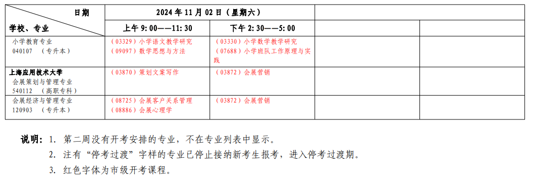 2024年10月上海市自學考試考試安排（二）