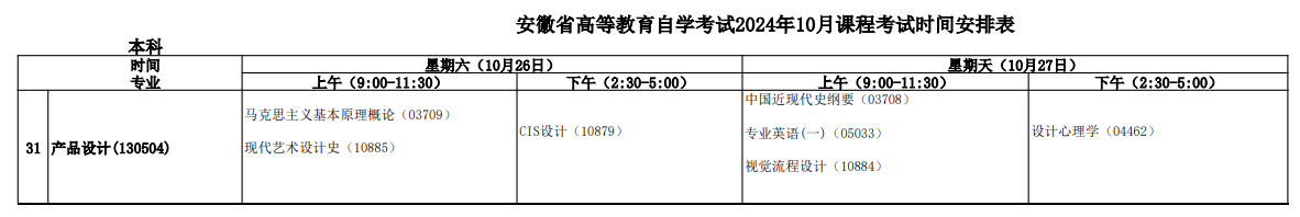 2024年10月安徽省自考考試安排