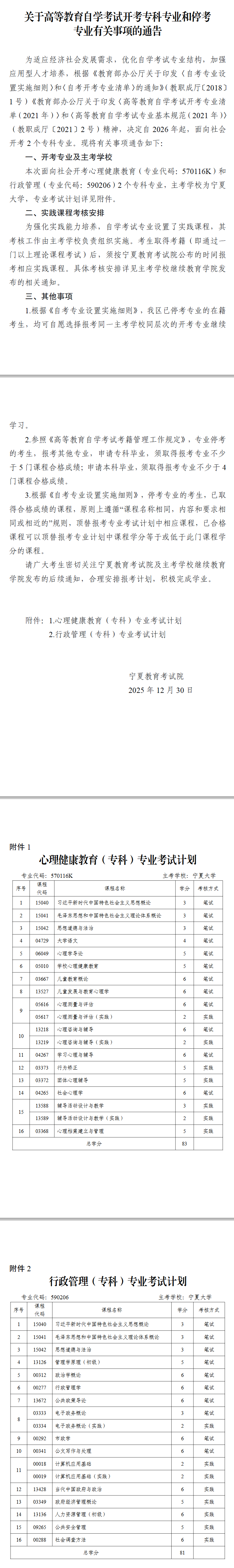 寧夏教育考試院：關于高等教育自學考試開考專科專業和停考專業有關事項的通告