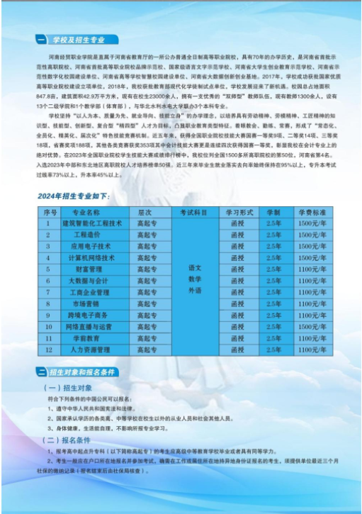 河南經貿職業學院成人高等教育2024年招生簡章