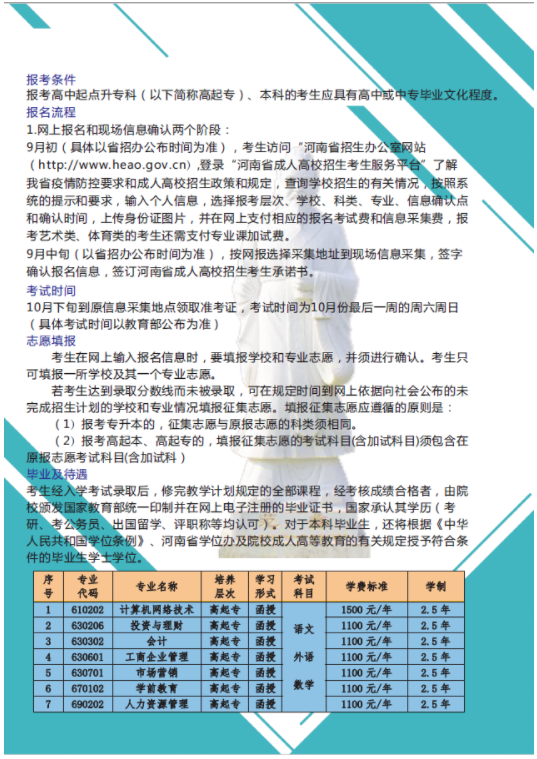 河南經貿職業學院成人高等教育2021年招生簡章