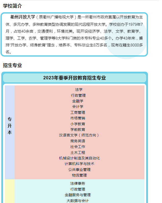 衢州龍游開放大學2023年春季招生簡章