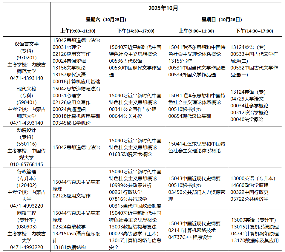 2025年10月內蒙古自學考試考試安排  