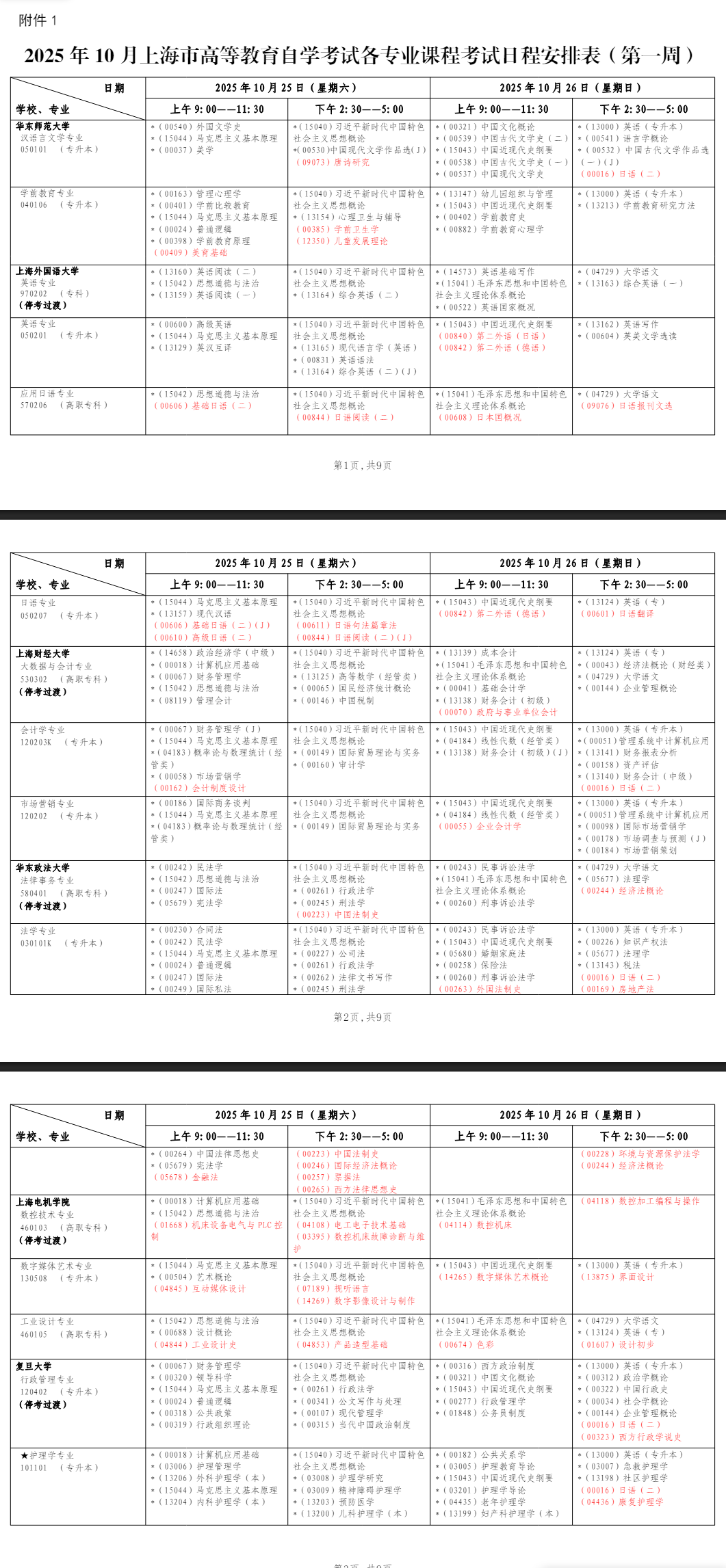 2025年10月上海市自學考試考試安排