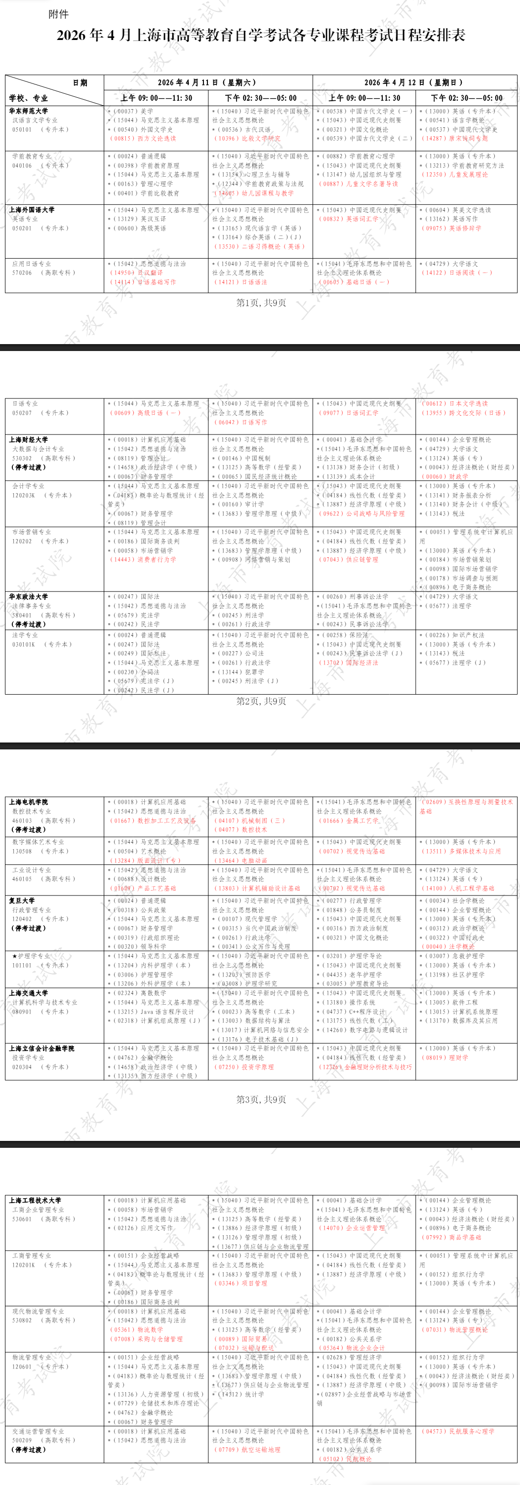 2026年4月上海市自考考試安排