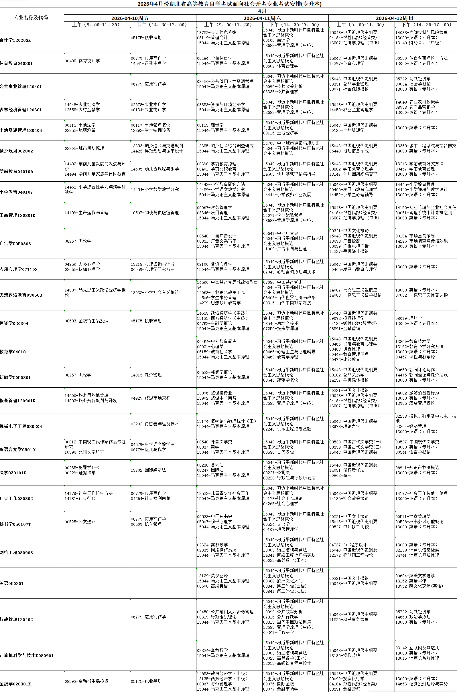 2026年4月湖北省自考考試安排