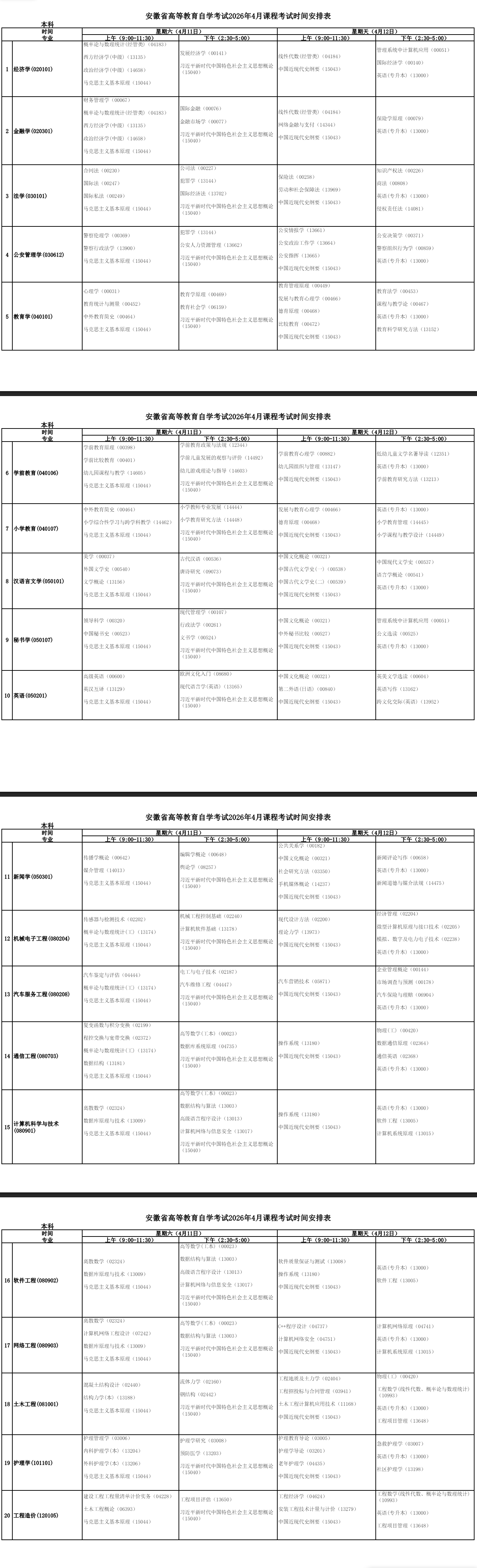 2026年4月安徽省自考考試安排